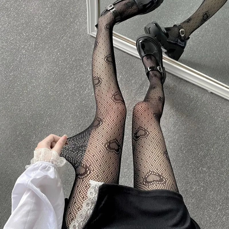 Gothic Black Heart Fish Net Stocking See Through Mesh Lolita Tights