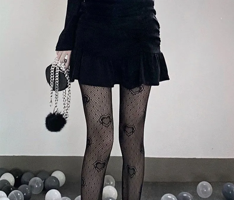 Gothic Black Heart Fish Net Stocking See Through Mesh Lolita Tights