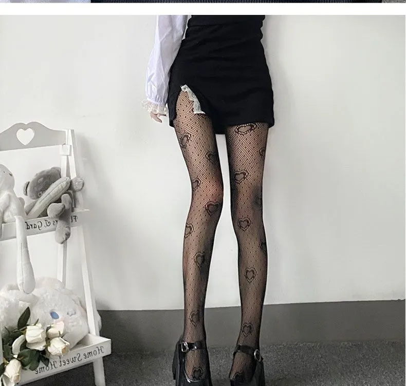 Gothic Black Heart Fish Net Stocking See Through Mesh Lolita Tights