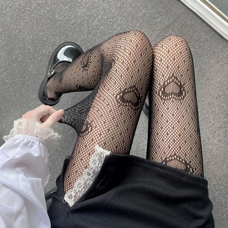 Gothic Black Heart Fish Net Stocking See Through Mesh Lolita Tights