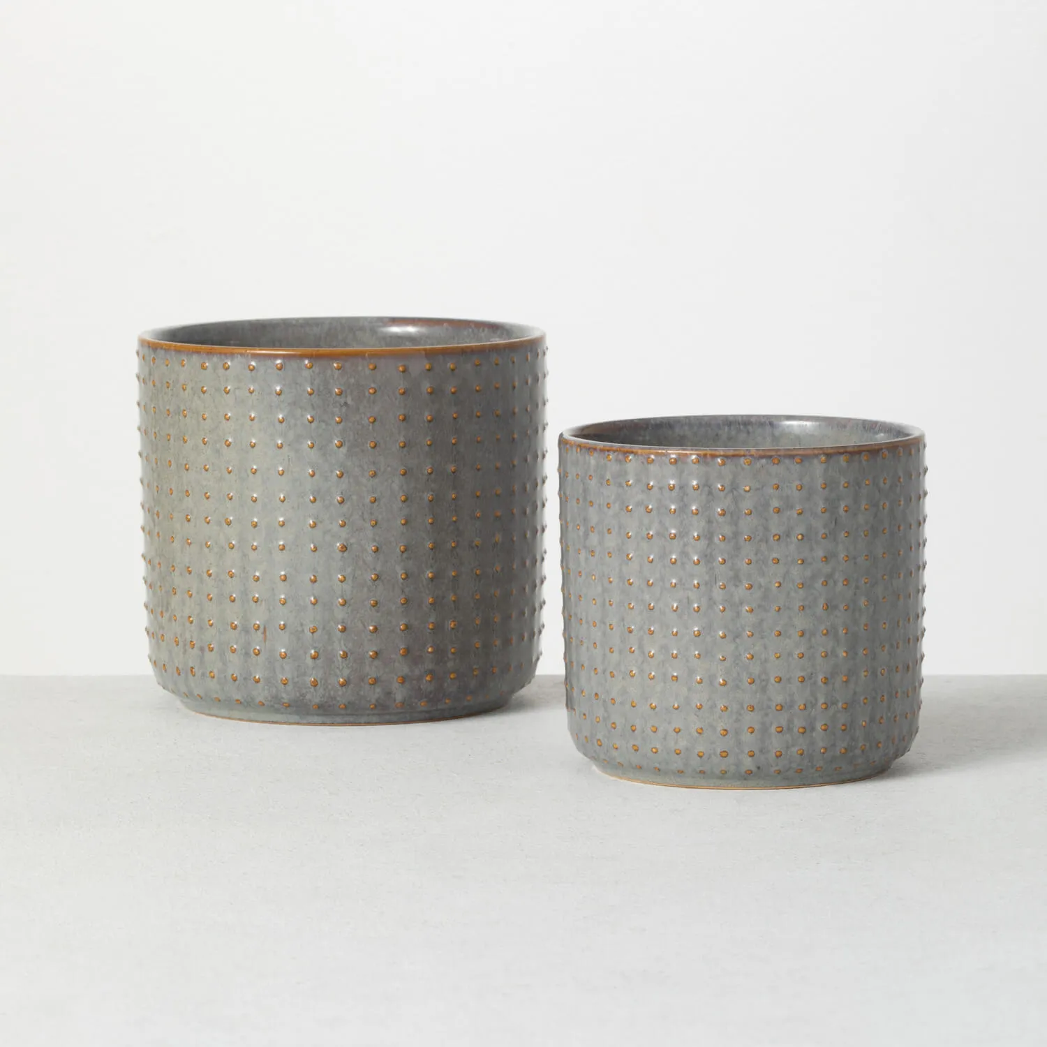 Gray Embossed Dot Ceramic Planter, Set Of 2