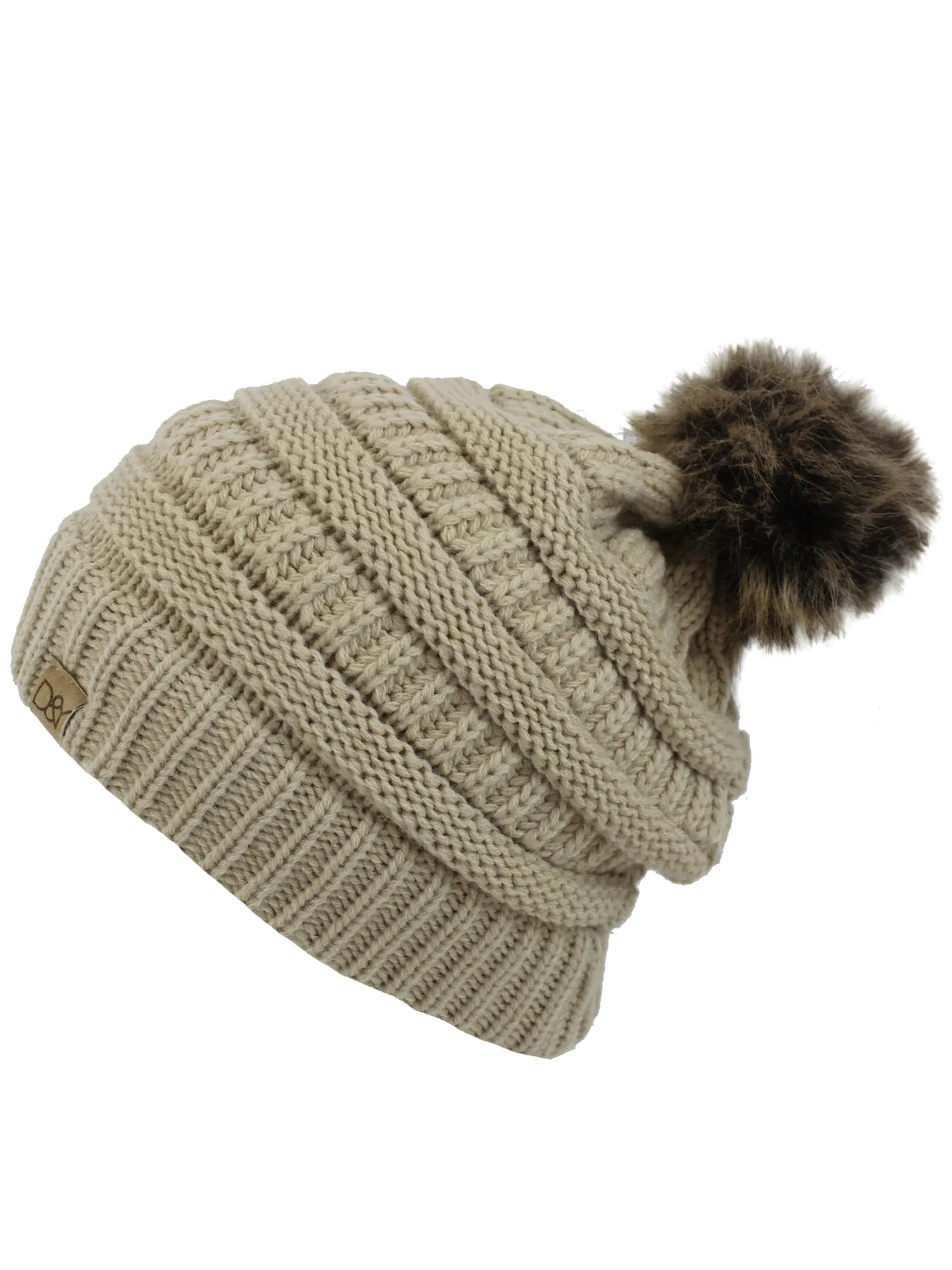 Halo Ribbed Slouch Beanie Cap Hat With Fur Pom Pom