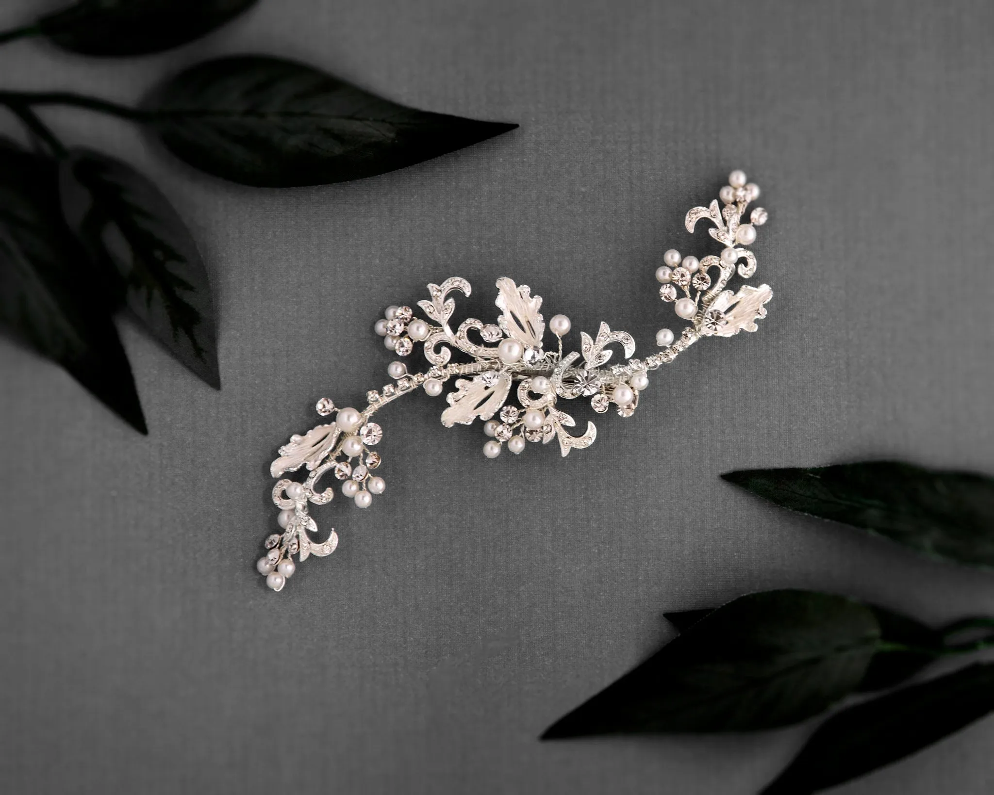 Pearl Bridal Clip of Scrolls and Leaves