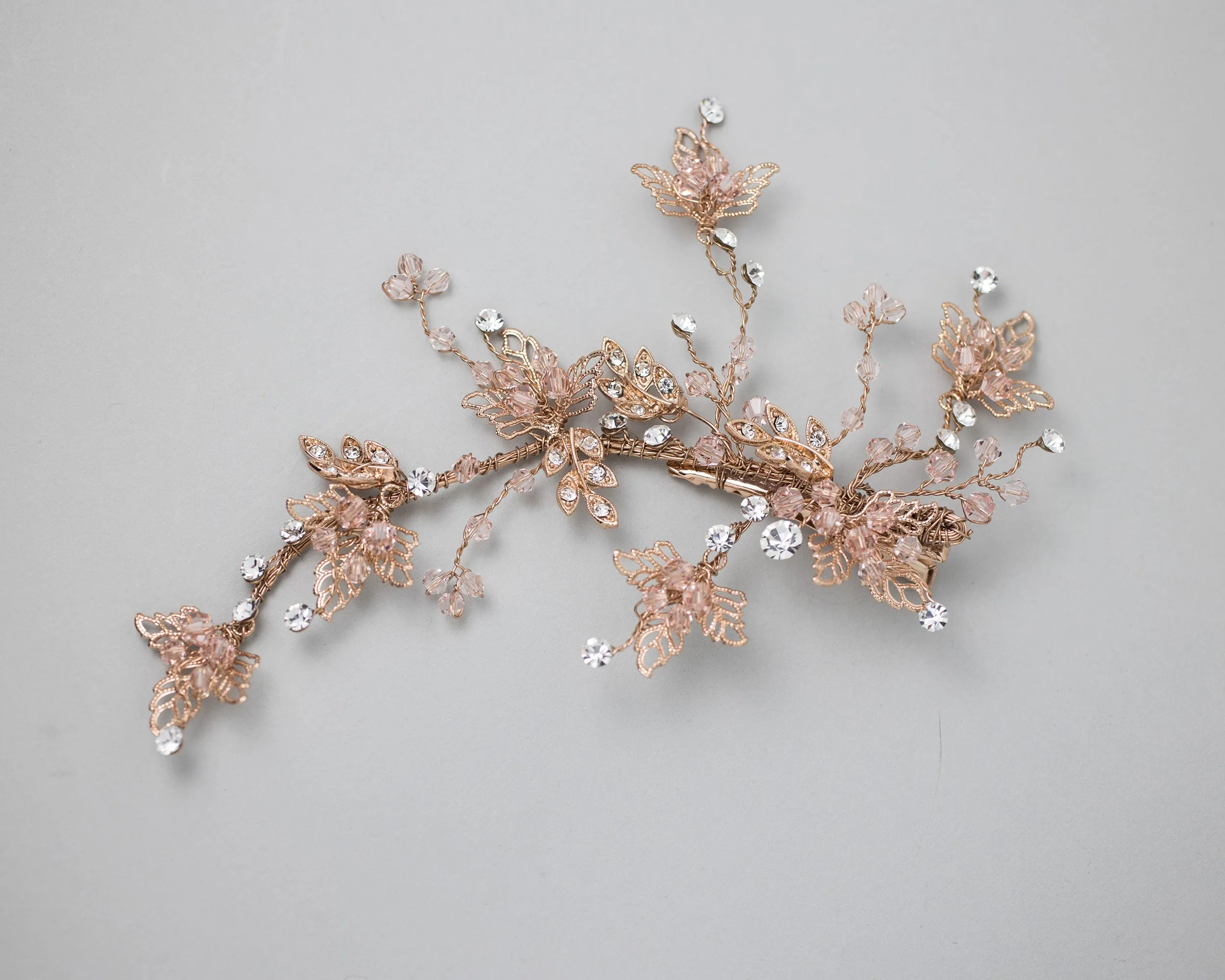 Rose Gold and Blush Crystal Beads Leafy Hair Clip