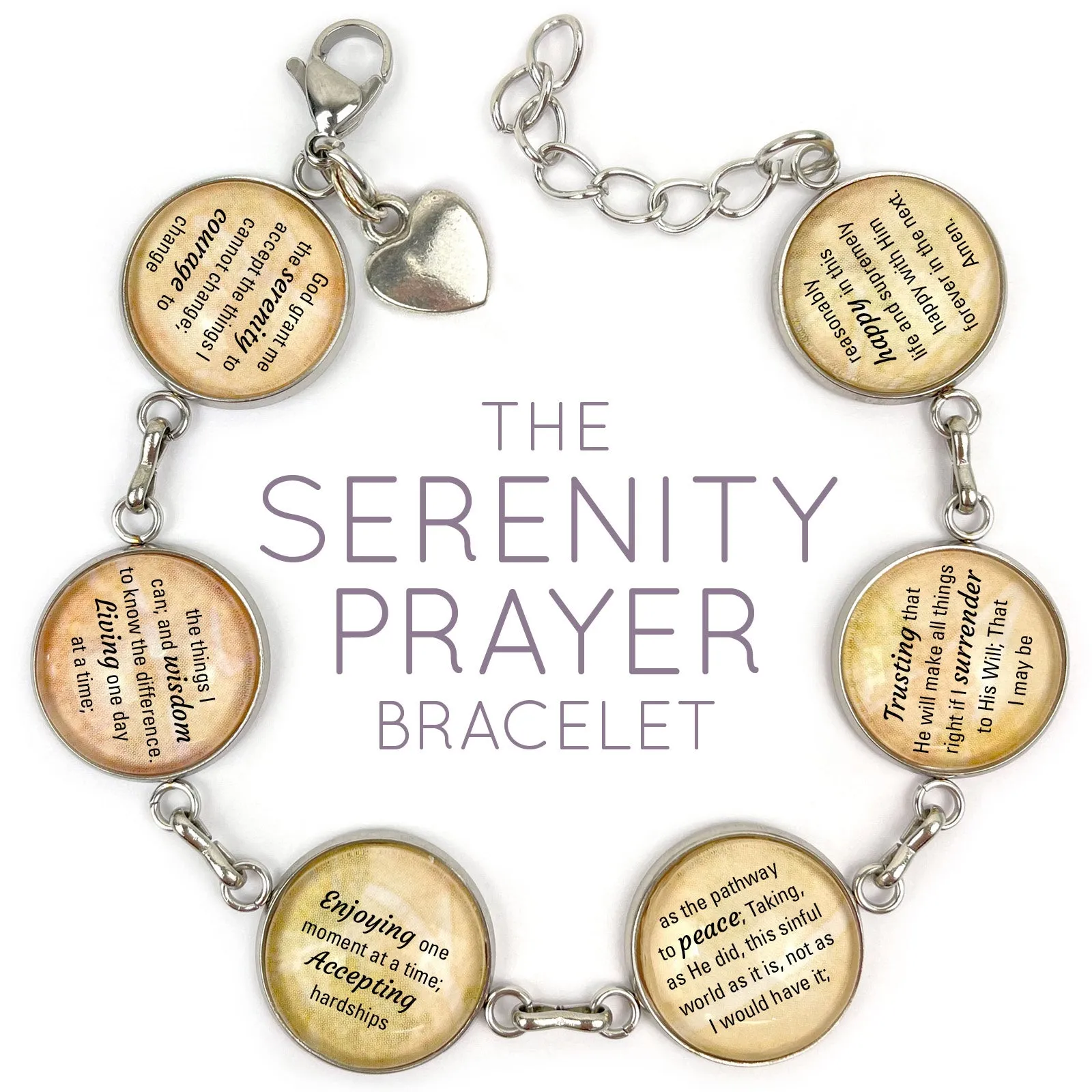 Serenity Prayer Christian Glass Charm Stainless Steel Bracelet