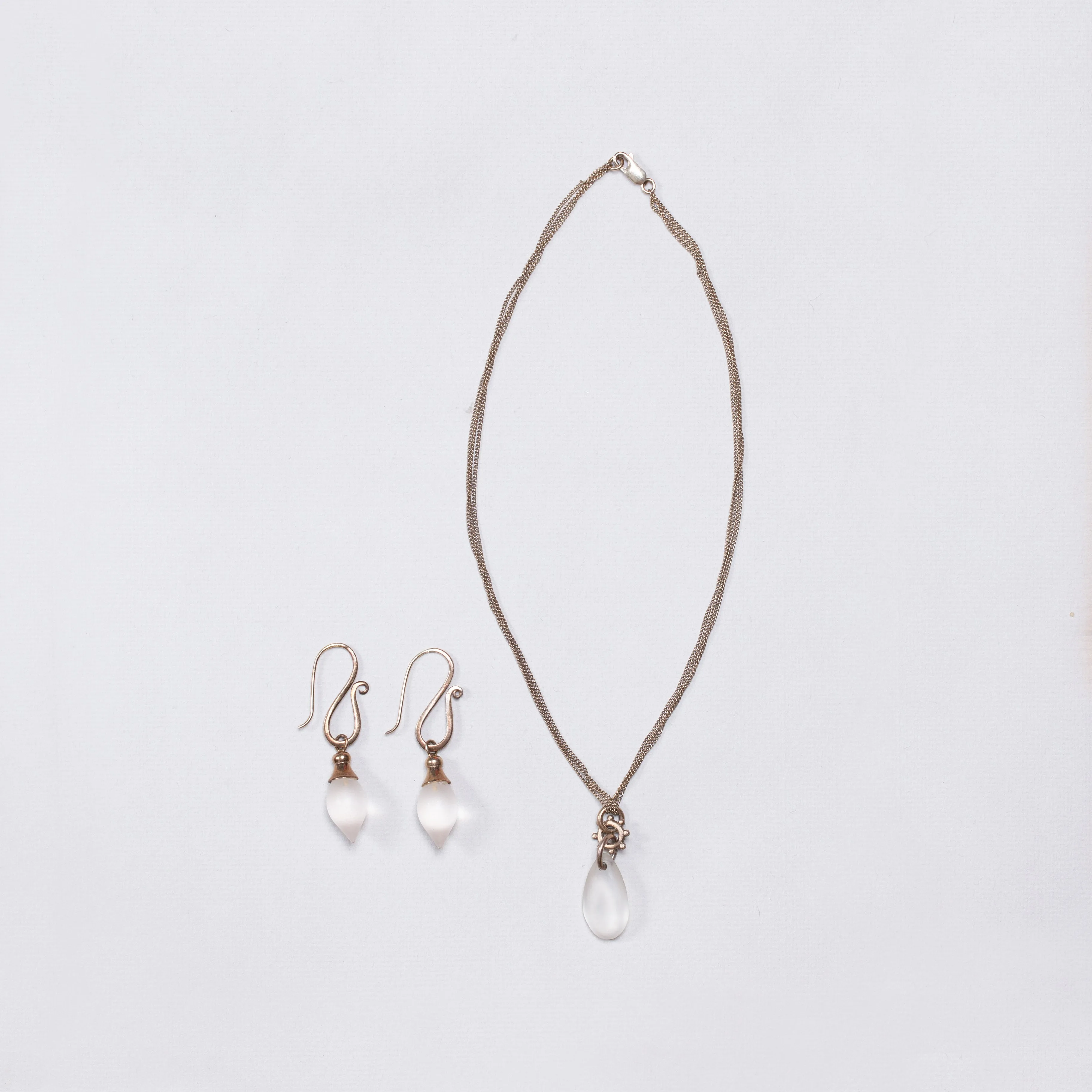 Set of Silver Necklace and Earrings with Frosted Glass