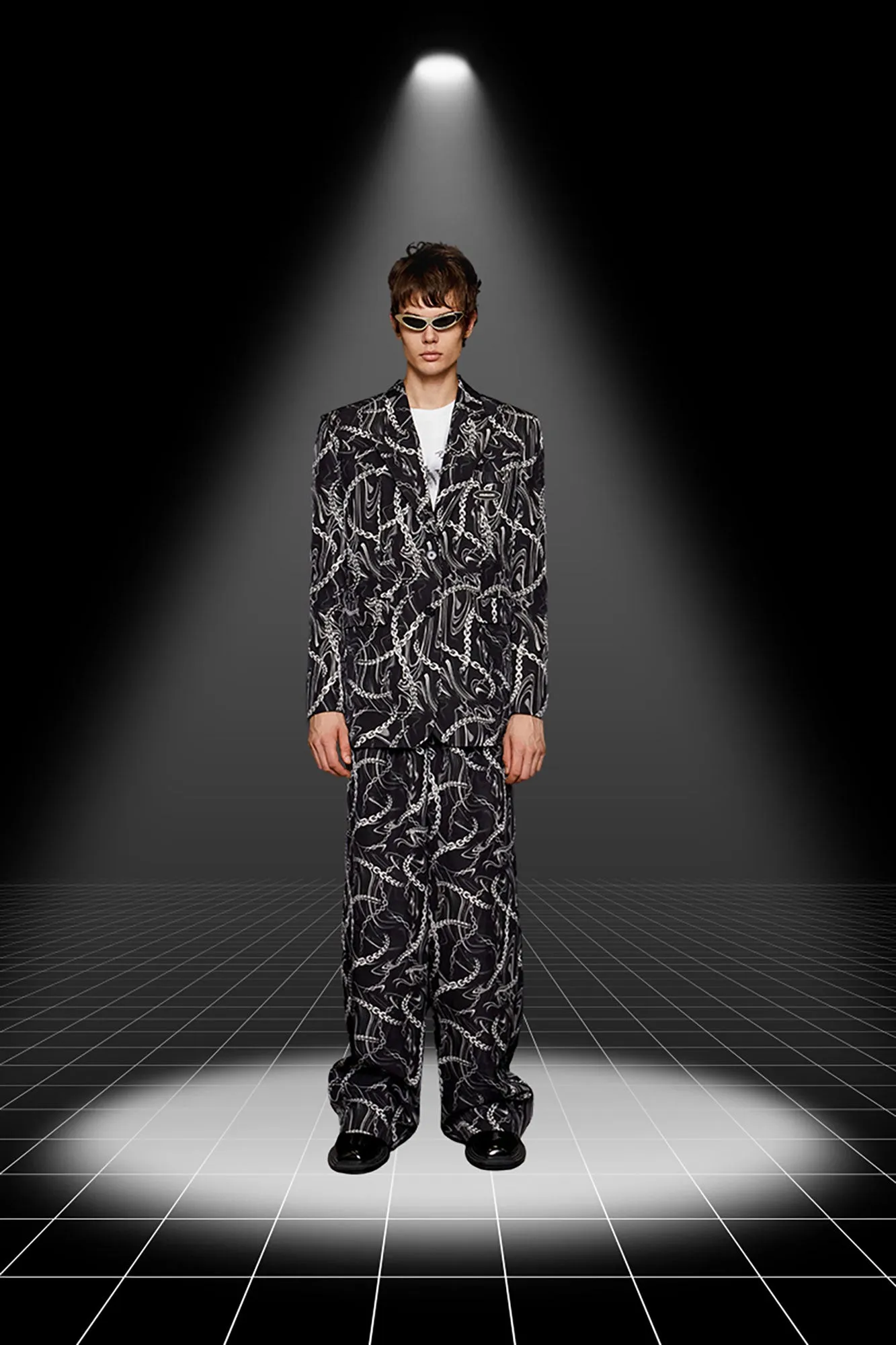 Silk liquid metal chain print suit