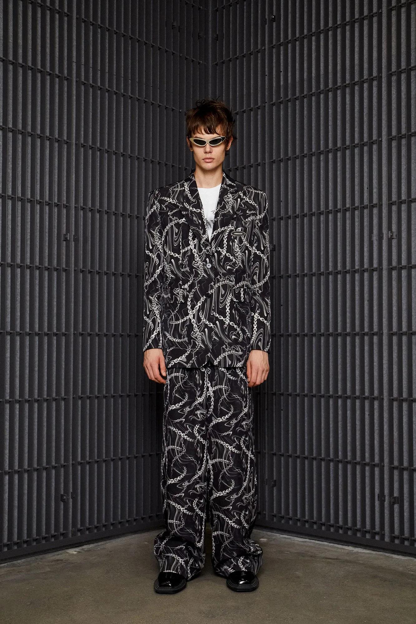 Silk liquid metal chain print suit