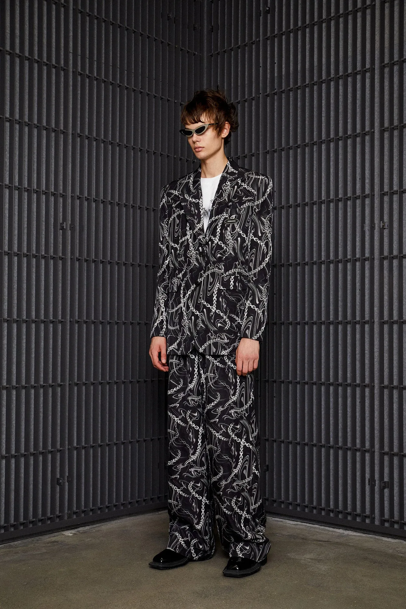 Silk liquid metal chain print suit