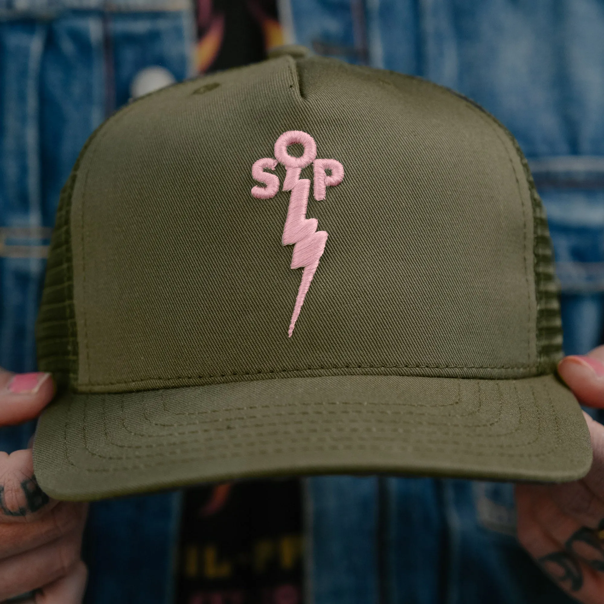 Snake Oil Provisions Lightning Bolt Trucker Hat Olive/ Shy Pink