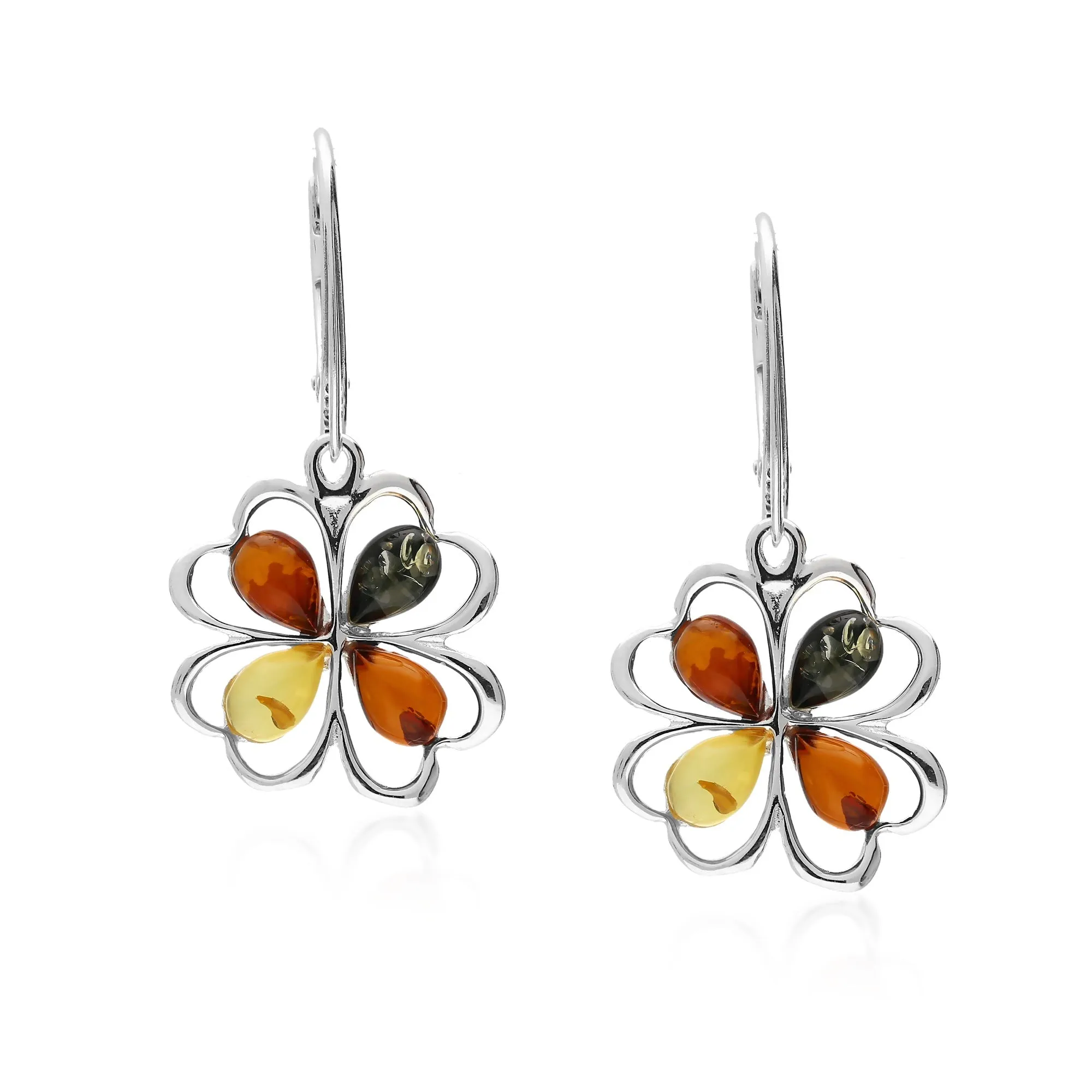 Sterling Silver Amber Four Leaf Clover Earrings